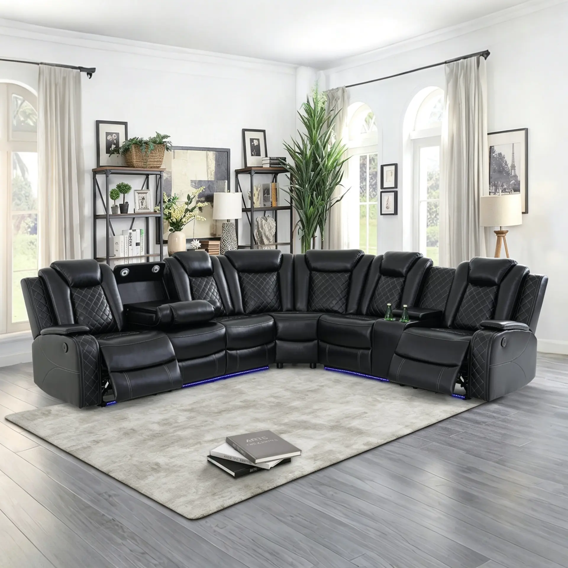 3Pcs Power Recline Curved Sectional Sofa - Sleek Black Breathing Leather, Diamond Stitch Perforated Lounge, LED Base Lights, Multi-Functional Center Tray, Charging Ports, Spacious Modular Black Living Room Furniture for Industrial Home Theater, Spacious M