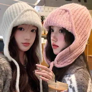 Solid color warm ear protection knitted hat women's autumn and winter strap knitted hat Korean version fashionable Lei Feng hat