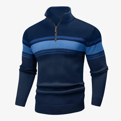 Wizoat Men's Striped Quarter-Zip Rib Knit Sweater - Thick Soft Thermal Polyester Long-Sleeve Top, Relaxed Fit, Cuffed, No-Iron Casual Chic Pullover, Hand Washable for Autumn Winter Work, Knitwear