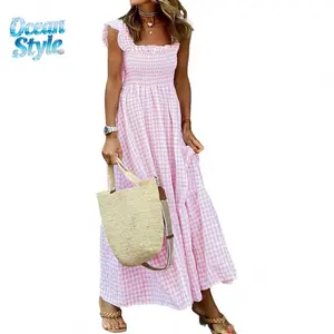 Women's Retro Plaid Smocked Dress Spaghetti Strap Flounce Long Casual Sleeveless Flowy Evening Fashion Basic with Pockets Womenswear Cute Elegant Sky SpringStatements