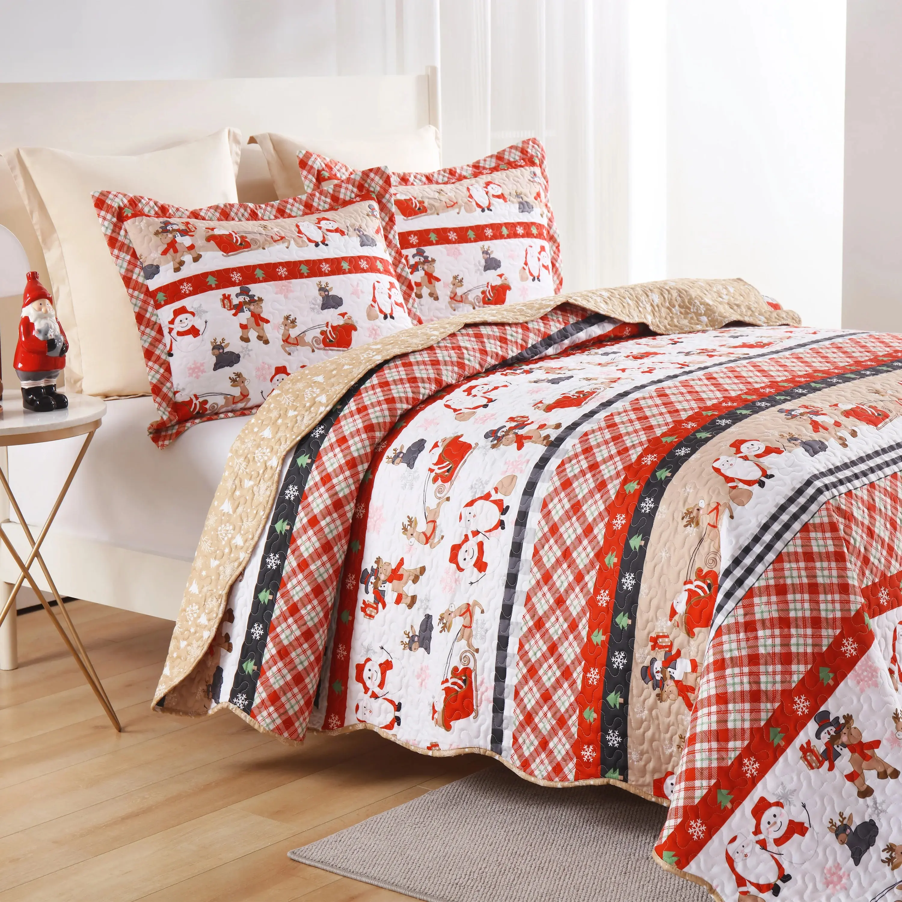 Christmas Quilt Bedspread Set - Flat Weave Santa & Reindeer Motif Bedroom Bedding, Decorative Bedding, Bed Comforter for Twin & Full Sizes, Bedroom Bedding Set, Decorative Bedding Set