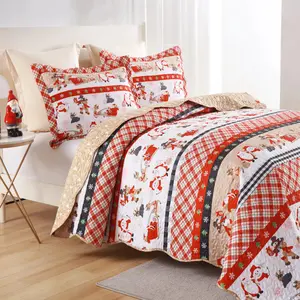 Christmas Quilt Bedspread Set Holiday Bedding Set - Flat Weave Design with Santa & Reindeer Motif for Twin & Full Sizes