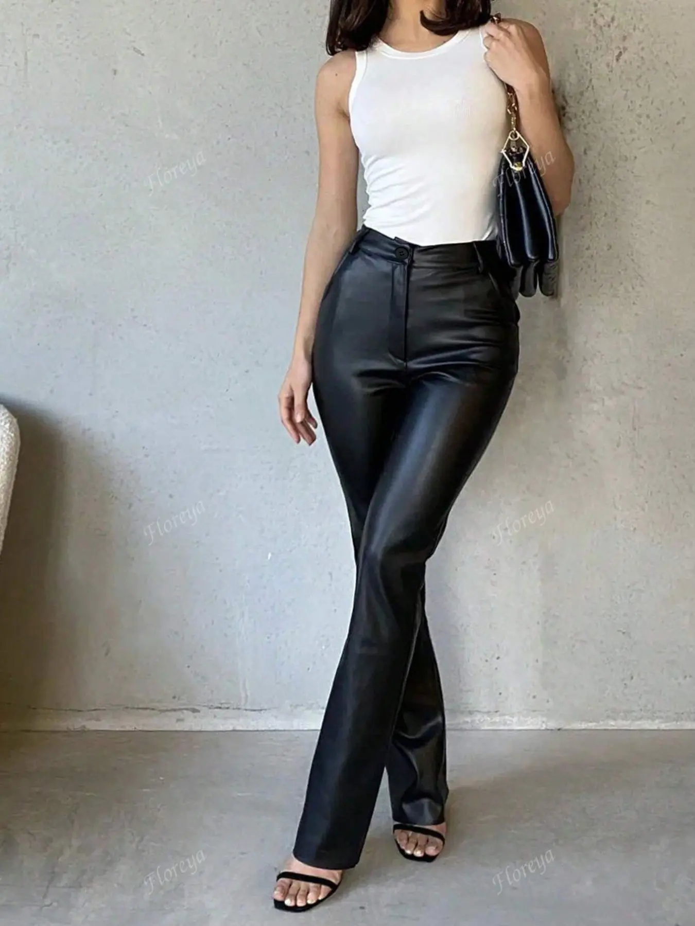 Women's High Elasticity PU Coated Flare Jeans Pants, Slim-Fitting Denim Trousers for All Seasons, Plain Pattern Fashion