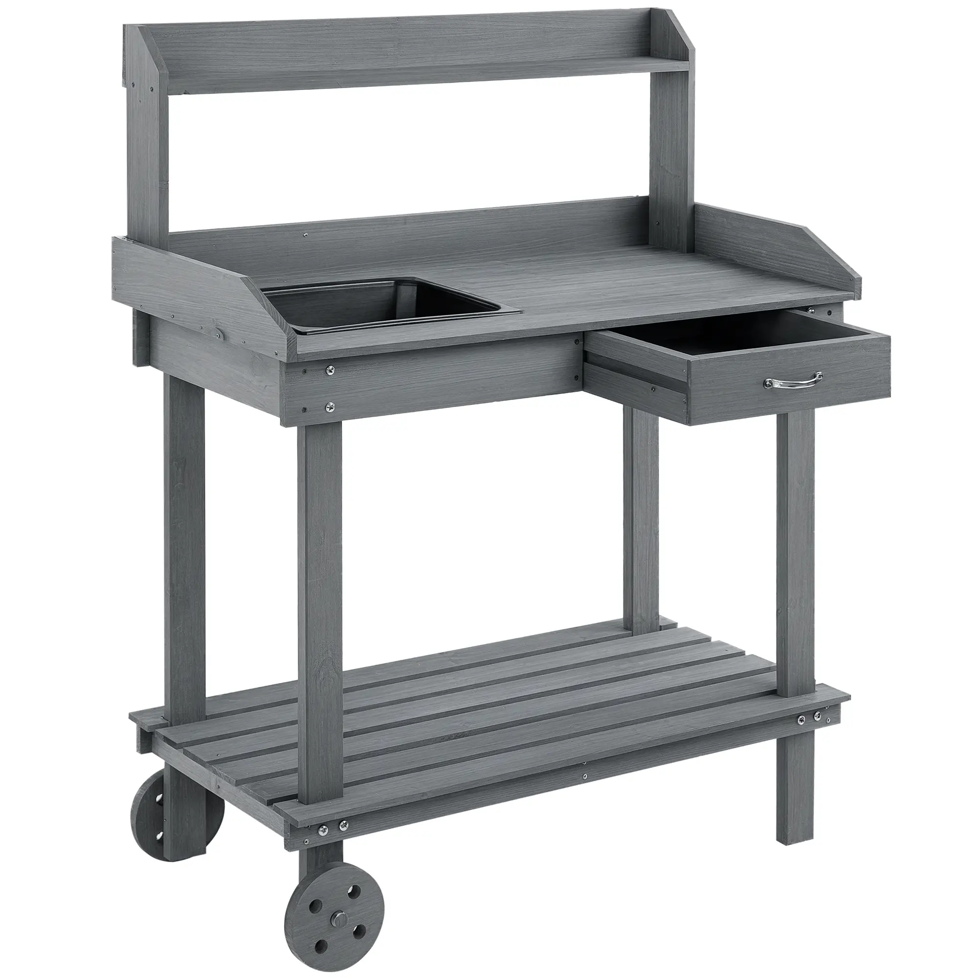 36'' Wooden Potting Bench Work Table with 2 Removable Wheels, Sink, Drawer & Large Storage Spaces – Mobile Workstation. Solid Wood. Gray