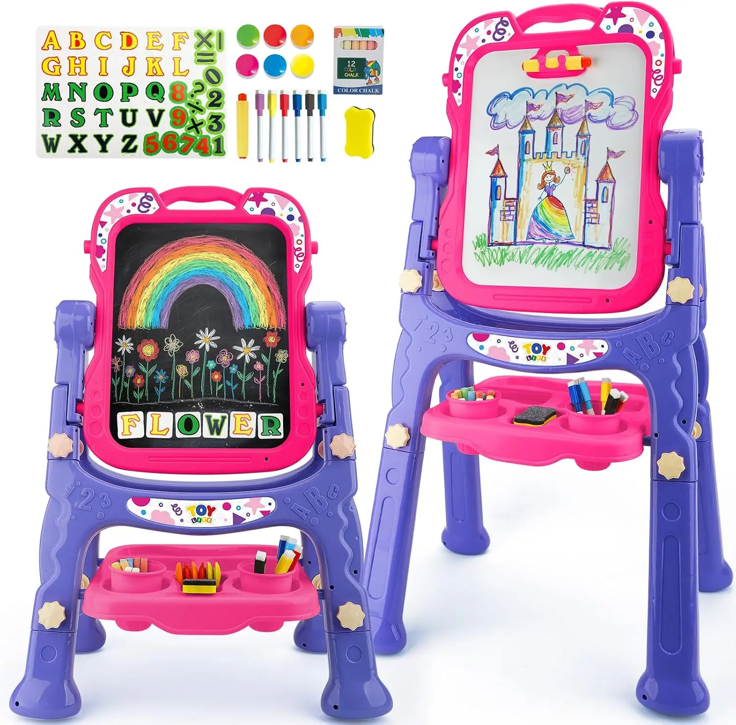 TOYLIFE 4-in-1 Kids Art Easel with Paper Clip, Adjustable Height Double-Sided Magnetic Chalkboard Whiteboard Standing Easel for Toddlers 2-8, Pink Drawing Board Toy Birthday Gift for Girls