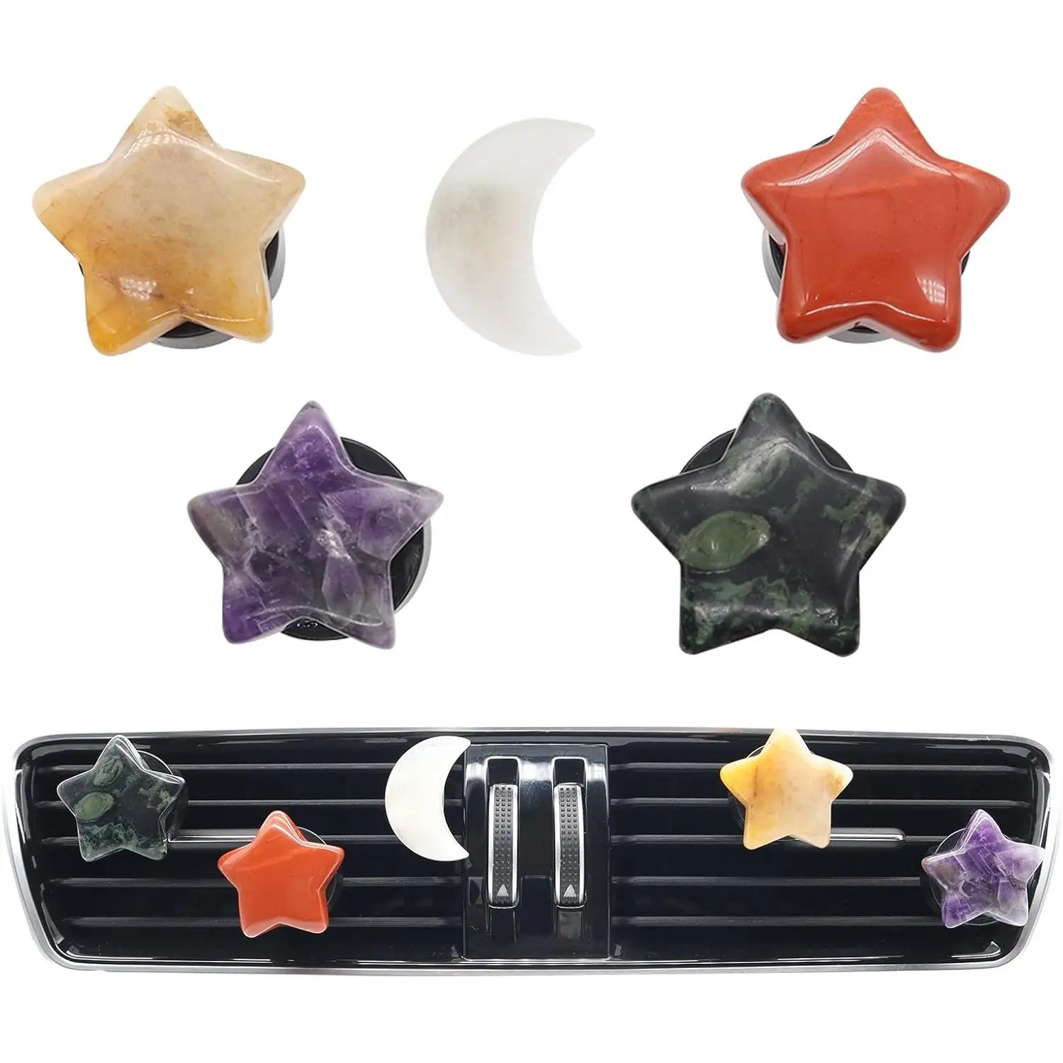 5pcs Earthy Simple Boho Hippie Design Car Interior Decor Set - Stars Moon Air Vent Clips, Refillable Cotton Pad-Ready Natural Stone Car Fragrances, Dashboard Accessories for Inner Peace, Ideal Gifting Option (No Irrelevant Add-Ons Included)