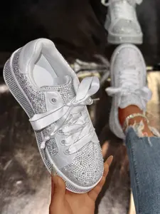 Shiny Rhinestone Women's Casual Sports Shoes, Thick Sole Lace-Up Flats, Suitable for Daily Wear and Parties, Round Toe Textile Glitter Design Sneakers