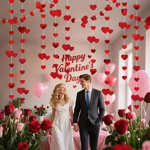 Heart Wreath Hanging Sparkling Love Ribbon, Flashing Heart Background Wedding Engagement Valentine's Day Birthday Party Decoration 40 Feet