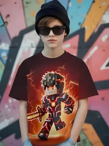 Lightning Pixel Warrior Print Boys' T-Shirt, Summer Casual Game Theme Short Sleeve, Fitted Style, Random Print, All Seasons