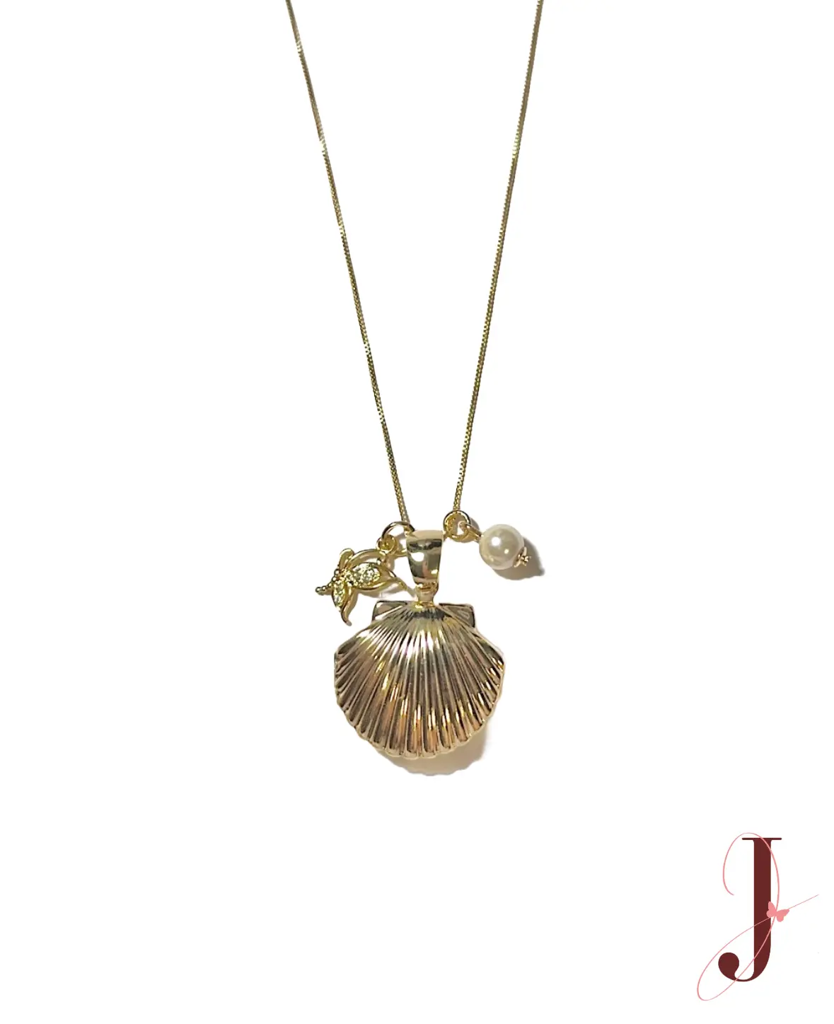 Cora Handcrafted Stainless Steel Necklace with Three Charms - Gold Scallop Shell & Pearl Design for Summer Style