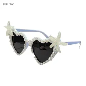 FHSY SHOP White Heart Sunglasses with Starfish & Pearl Trim UV400 Filter Cute Summer Eyewear for Bachelorette Beach Trips, Pool Parties, and Mermaid Aesthetic Outfits