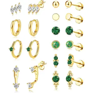 21 Pairs Surgical Steel Flat Back Earrings Set for Women Men Hypoallergenic 20G Stainless Steel Stud and Hoops Earrings for Sensitive Ears Small Cz Heart Star Moon Opal Cartilage Earrings