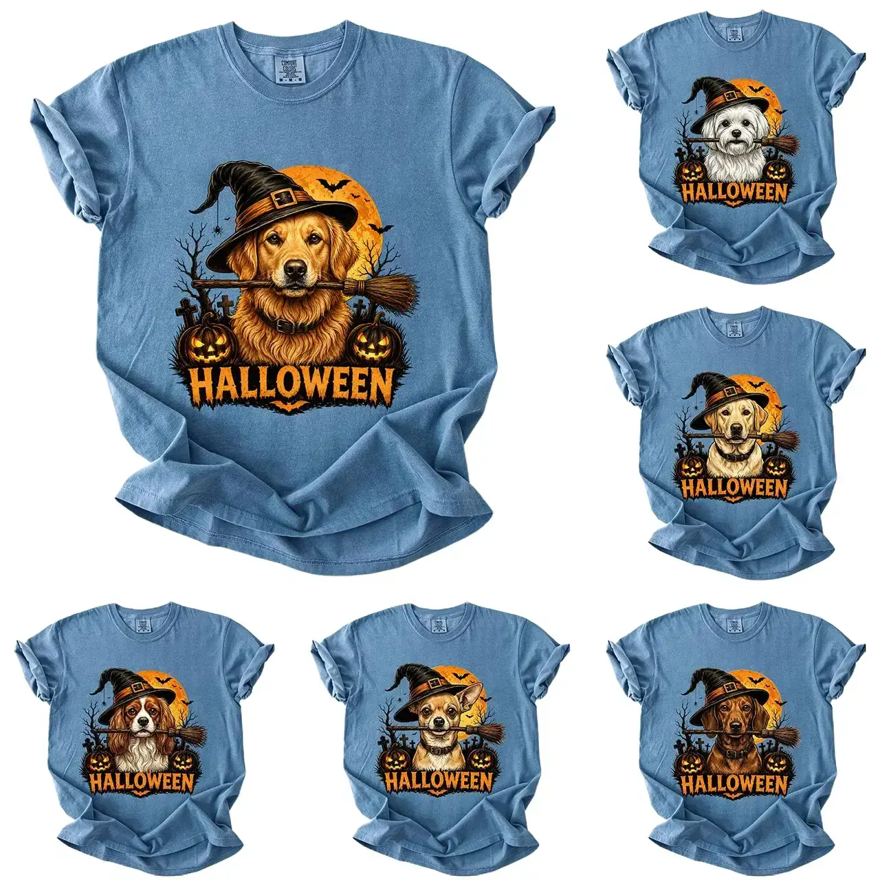Comfort Colors 50+ Dog Breeds Halloween T-Shirt, Witch Hat Pumpkin Graphic Tee, Golden Retriever Husky Frenchie Dachshund Dog Lover Gift