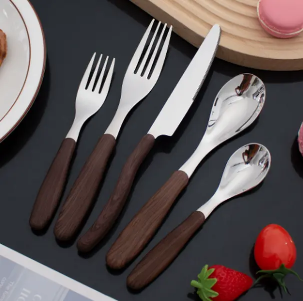 Stainless Steel Cutlery Set With Imitation Wood Grain Handle Includes Knives Forks Spoons Reusable Flatware For Home Kitchen Dinner Party Daily Table Meal Use