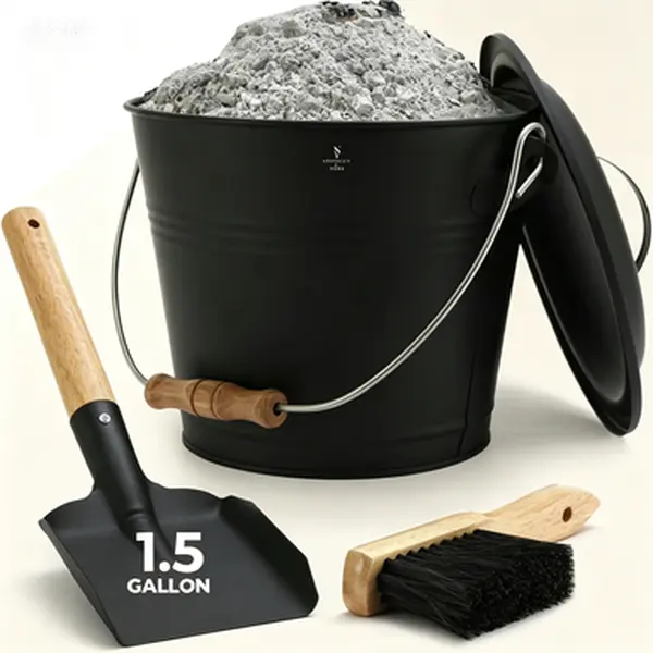 1.5 Galvanized Iron Ash Bucket with Lid, Fireplace Tools Set Includes Mini Pail, Shovel and Broom, 1.5 Gallon Charcoal Metal Ash Can, Heat-Resistant Coal Bucket for Indoor Fireplace, Heavy Duty Ash Container with Lid
