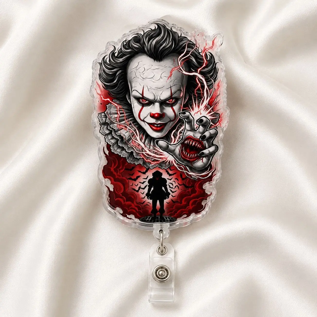 Scary Horror Clown Badge Reel Retractable ID Card Holder Clip for Nurse & Medical Staff