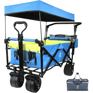 Collapsible Folding Wagon Cart with Removable Canopy, All Terrain Wheels, Brake, Adjustable Handles, Cooler Bag, Green Blue, Heavy Duty Portable for Camping Beach Sports