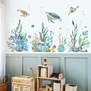 X-WPA12 Ocean Seaweed Grass Wall Stickers Turtle Under The Sea Peel and Stick Wall Art Decals for Baby Nursery Kids Bedroom Bathroom Decor Decorative