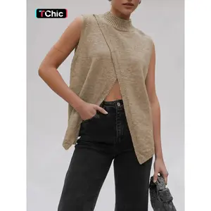 Women's Solid Color Mock Neck Sweater Vest, Casual Sleeveless Jumper Vest for Daily Wear, Ladies Knitwear for Fall & Winter, Tops, Sleeveless Vests