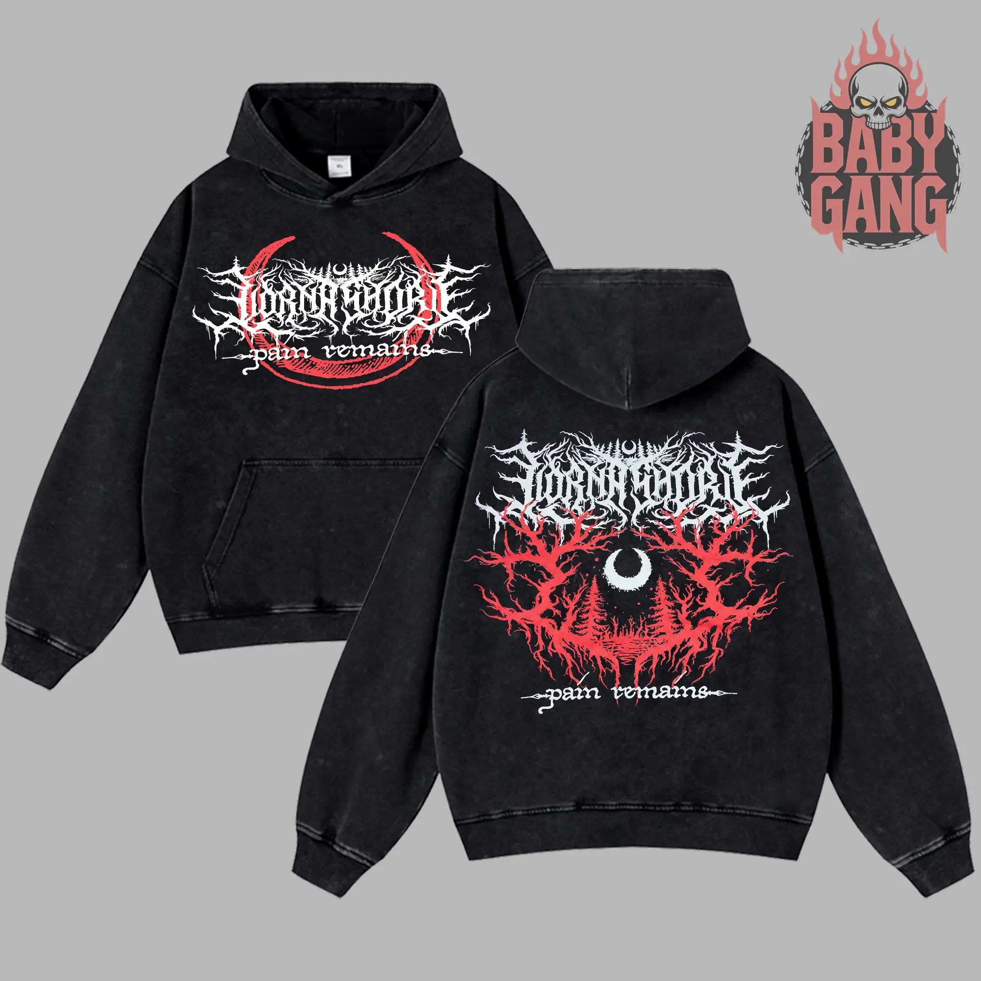 [Baby Gang] Lorna Shore Pain Remains Heavy Washed Hoodie Unisex Oversize Rock Deathcore Band Metal Band Cotton Hoodie Gift For Rock Music Lovers Grunge Y2K Outfits Vintage 90s Graphic Hoodie Graphic Streetwear