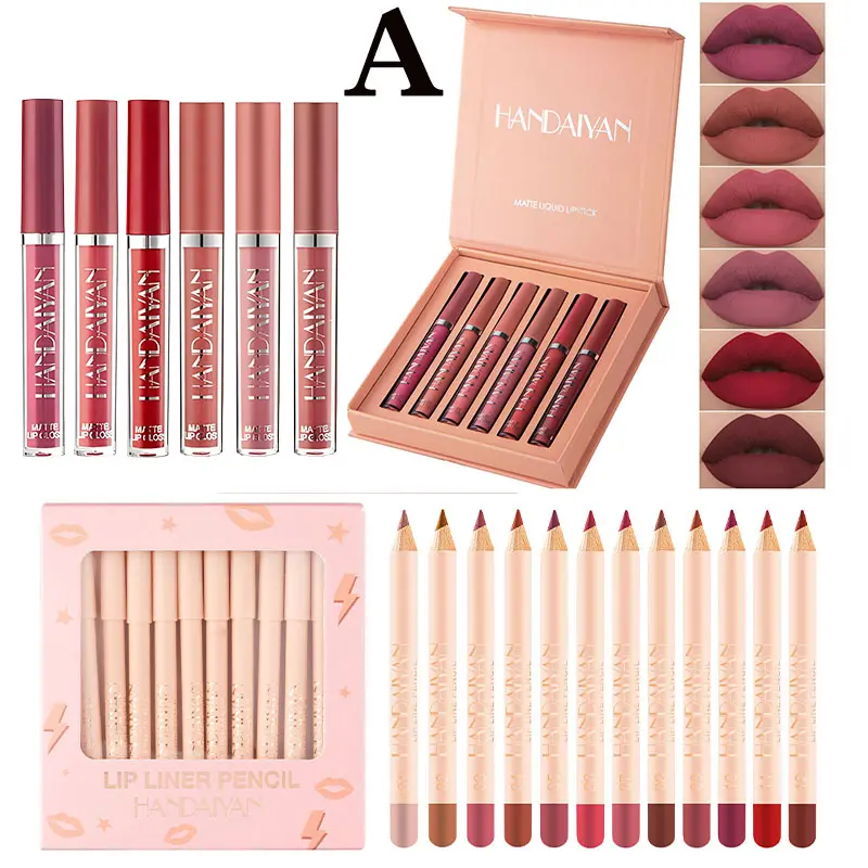Handaiyan Velvet Long-Lasting Lip Set, 6-Piece Lipstick & 12-Piece Matte Lip Liner Pen Set, Ideal for New Year and Daily Glam