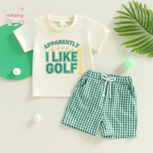 Toddler Boys Golf Theme Clothing Set, "Apparently I Like Golf" Graphic Short Sleeve T-Shirt & Green Gingham Shorts, Soft Cotton Summer Casual Outfit