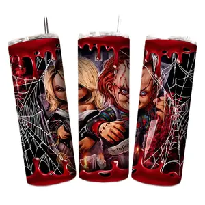 Bride of Chuck - Chucky and Tiffany 20oz Insulated Coffee Cup - Colorful Halloween Tumblers with Spider Web Design - Portable Water Bottle - Skinny