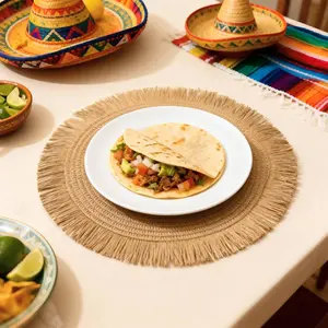 15 Inch Round Woven Placemats, Boho Washable Braided Straw Placemats with Fringe, Bohemian Rustic Table Mats for Dining Table