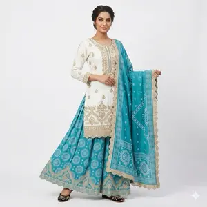 Indian Dress with Teal Blue and White Patterned Fabric and Matching Slippers for Womenswear - Casual & Original