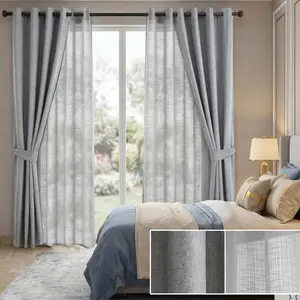 4 Pcs Home Decoration Curtain Set：52x84in Privacy Grommet Drapes, 2 Black Benni Blackout Panels + 2 Bamboo Gauze Sheer Panels, Window Treatments for Bedroom Living Room L69 L12, Privacy Grommet Curtains Home Textile blackout curtains curtains for bedroom