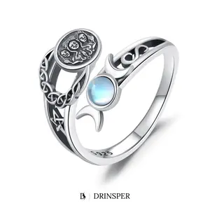 DRINSPER Hecate Ring Moonstone 925 Sterling Silver, Adjustable Open Band for Women Men, Hekate Goddess of Witches Sigil Medallion with Celtic Knot Detail, Witchy Style Pagan Wiccan Mystic Amulet Jewelry, Gothic Halloween Ritual Gift for Her Him