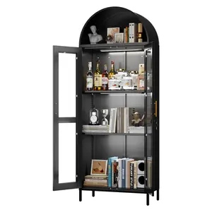 AOBABO 72.83” H Metal Arched Display Cabinet with LED Light Strip, Lockable Glass Door Curio Cabinet, 2 Adjustable Shelves, Tall Freestanding Steel Storage for Home Office Kitchen Living Room, Black