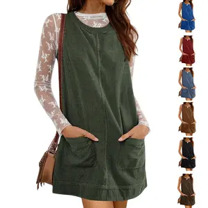 Molitree Women's Corduroy Overall Dress Round Neck A Line Skirtall Jumper Mini Dress Pinafore with Pockets