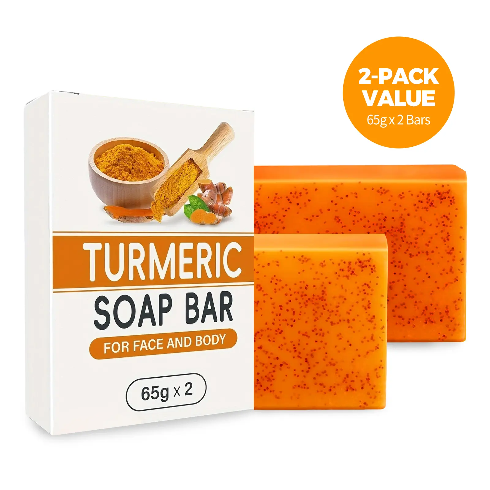 Turmeric & Kojic Acid Soap Bar - Brightening Dark Spot Corrector for Face & Body, Exfoliating Foaming Cleanser (2-Pack)