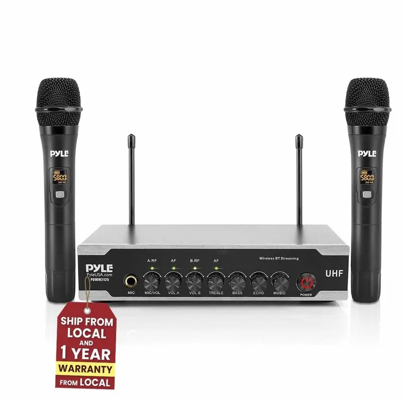 Wireless Microphone System with Bluetooth – Dual Handheld Mics, Desktop PA Receiver, USB-Powered Karaoke Setup for Home Theater, Office, Stage & Studio Use