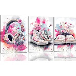 3pcs Tween Teen Girls Bedroom Wall Art Pink Preppy Canvas Wall Decor Teenager Music Lover Posters Headphones Shoes Books Print Pictures For Teen Girls Bedroom Bathroom Dorm 16*12 Inch Framed