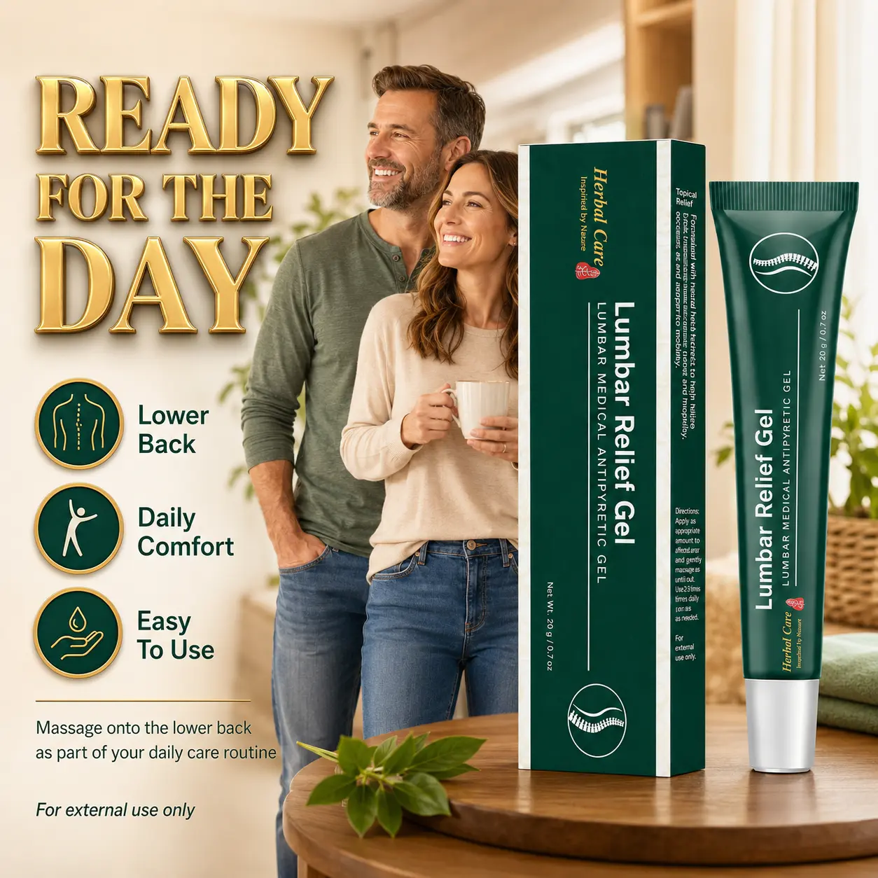 Topical lumbar repair gel for external use provides relief for stiffness and subtle pain associated with prolonged standing and sitting; relaxes the surrounding muscle tissue around the spine, helps alleviate lower back muscle strain, and can reduce recur