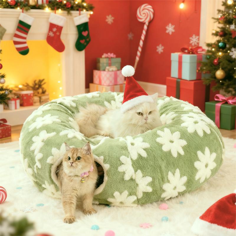 Lesure Cat Tunnel Bed for Indoor Cats - Warm&Cozy Cute Cat Donut Tunnel with Washable Circle Cushion, Under Christmas Tree, Round Pet Play Tunnel Toy for Kitten/Puppy/Rabbit, Peekaboo Cave Toy, Cool Cat Stuff, Perfect for Autumn & Winter Calming