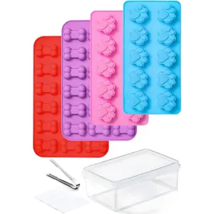 4 Pack Non-stick Silicone Dog Treat Molds Puppy Paw & Bone Shaped Set with Container Ice Tong Bin for Pupsicle Chocolate Gummy Candy Baking Jelly Ice Cube Pudding