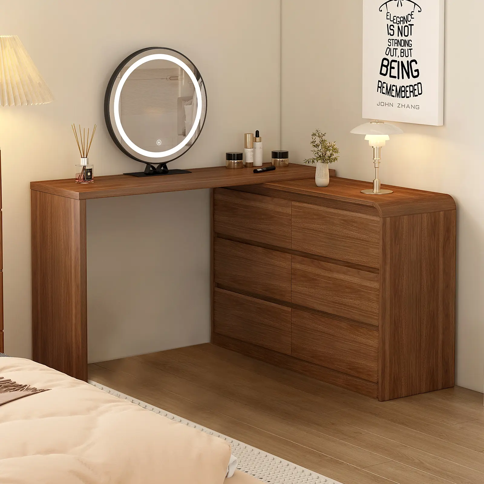 Elegant Makeup Vanity Desk with LED Lighted Mirror, Brown Dressing Table with Large Capacity 6 Drawers Storage Cabinet, Modern Bedroom Vanity Table with Storage Shelves, Large Makeup Dressing Table Set for Women Girls, Shipped in 3 Packages