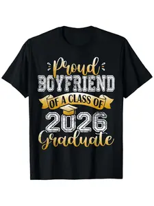 Proud Boyfriend of a 2026 Graduate T-Shirt for Men Funny Senior Black Cotton T-Shirt with Gold Lettering and Diploma Design Casual Short Sleeve Round Neck Graduation Celebration Attire All Season Comfort