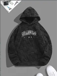 Men's Embroidered Fleece Hoodie, Loose-Fitting Drip Streetwear Pullover with Soft Touch, Warm Thermal Design