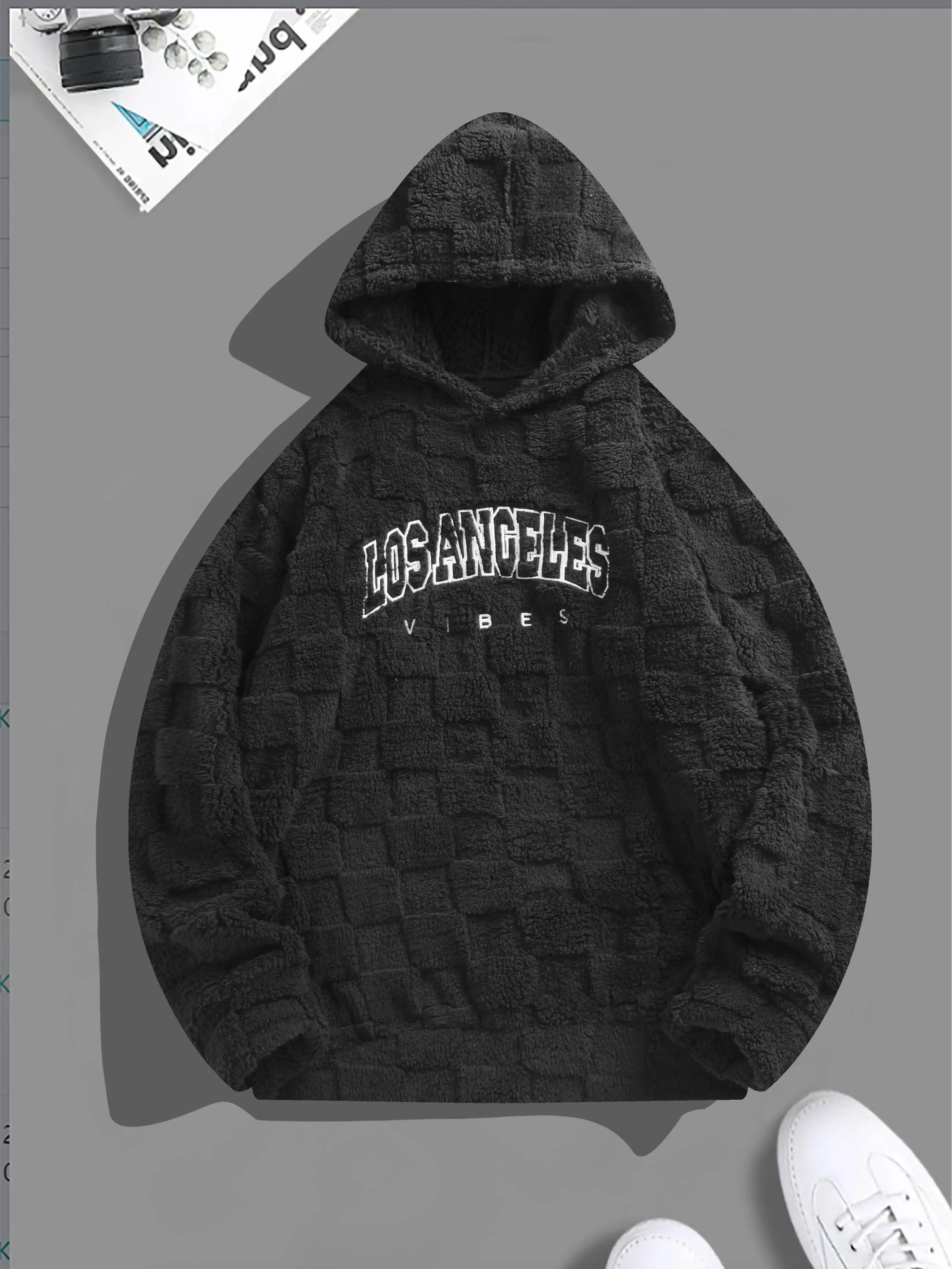 Men's Embroidered Fleece Hoodie, Loose-Fit Streetwear Pullover Sweatshirt, Soft Baggy Stretch Fabric with Thermal Warmth