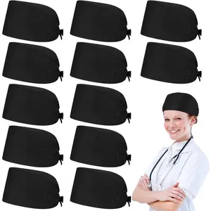 12 Pcs Surgical Working Caps Bulk with Button and Sweatband Adjustable Bouffant Hats Elastic Bandage Tie Back Nurse Scrub Cap for Women Men, Black
