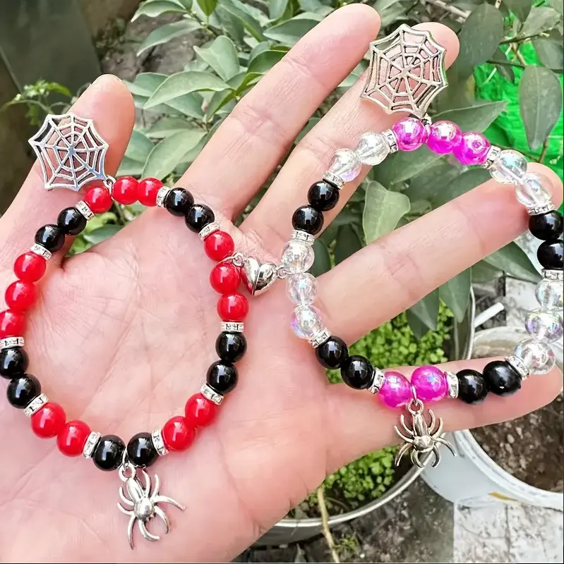 2Pcs Valentine's Day Magnetic Spider Web Pendant Bracelet, Synthetic Stone Beads, Charm Unisex Bracelet, Couple Friendship BFF Gift for Christmas