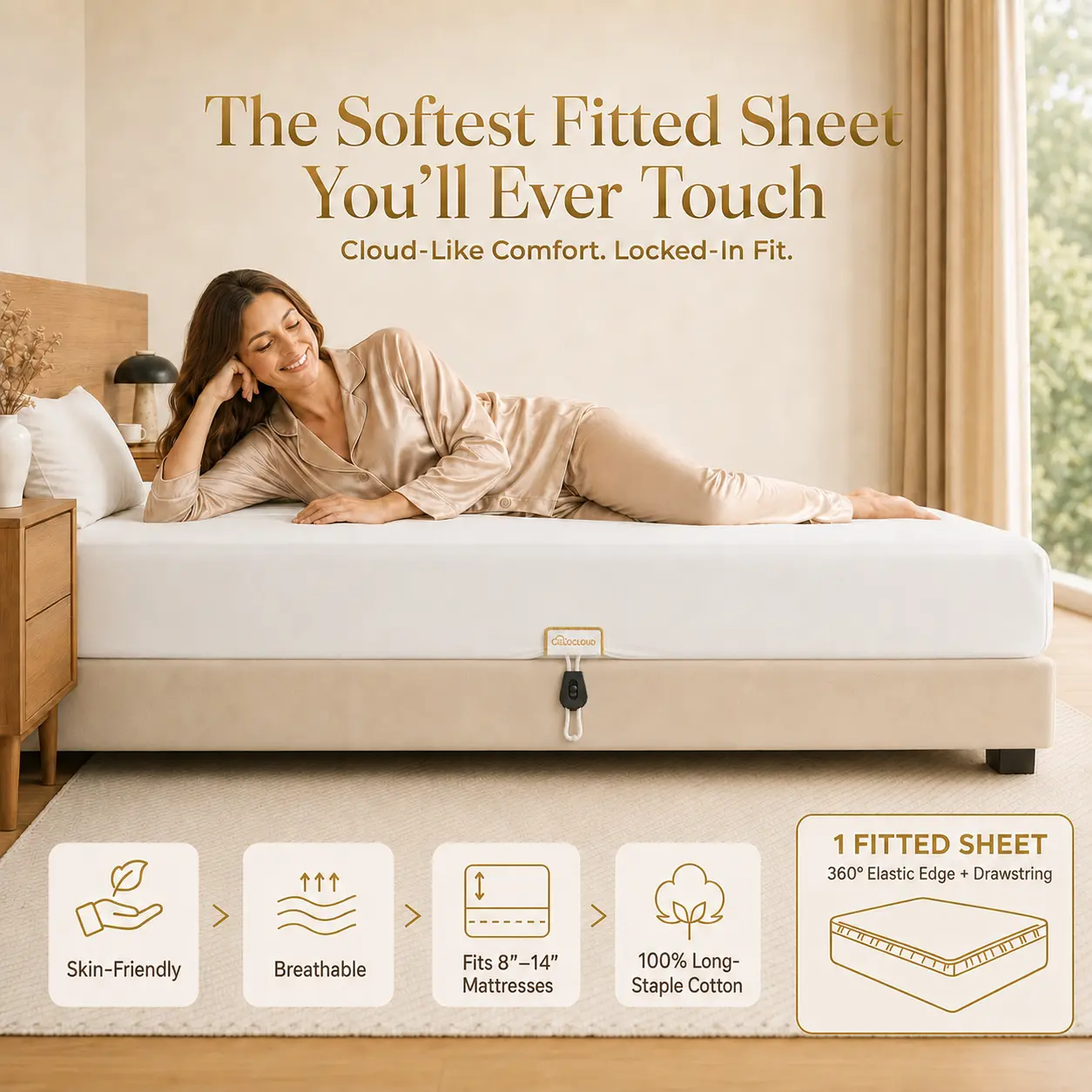 CieloCloud Fitted Sheet Only Upgraded Drawstring with 360°Elastic Strap to Stay Tight, Egyptian Cotton Fitted Sheet King Fits 8" to 14" Mattress,No Slippage, Luxury Soft and Comfortable