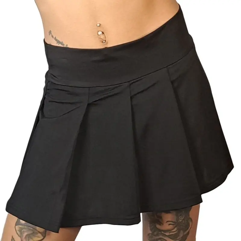 Black Pleated Mini Skirt – Wide Waistband Flared Skater Skirt for Crossdressers