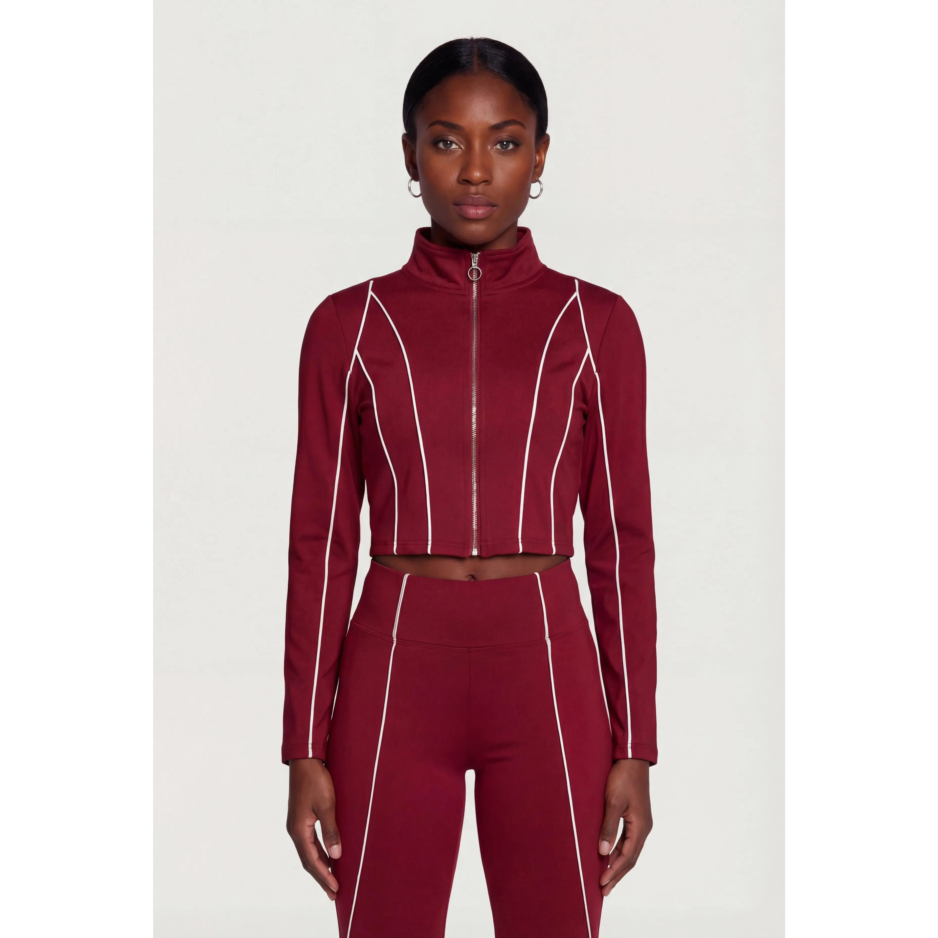 Contrast Trim Piping Zip Front Mock Neck Track Jacket