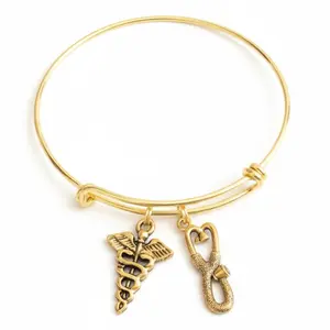 Gold Doctor Nurse Bracelet Gift | Stethoscope Caduceus Charm Bangle