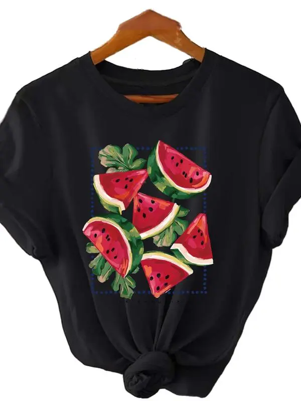 American Sweetheart Women's Watermelon Print Comfortable 100% Cotton Round Neck Fitted Short-Sleeve Tee, Summer Essential Streetwear Casual Top, Machine Washable for Daily Commute, Playful Print Vibe Colorful Womenswear
